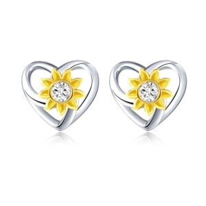 snzm stud earrings for women, s925 sterling silver sunflower earrings for women, dainty heart stud earrings ear wrap jewelry for valentine's day/birthday gift