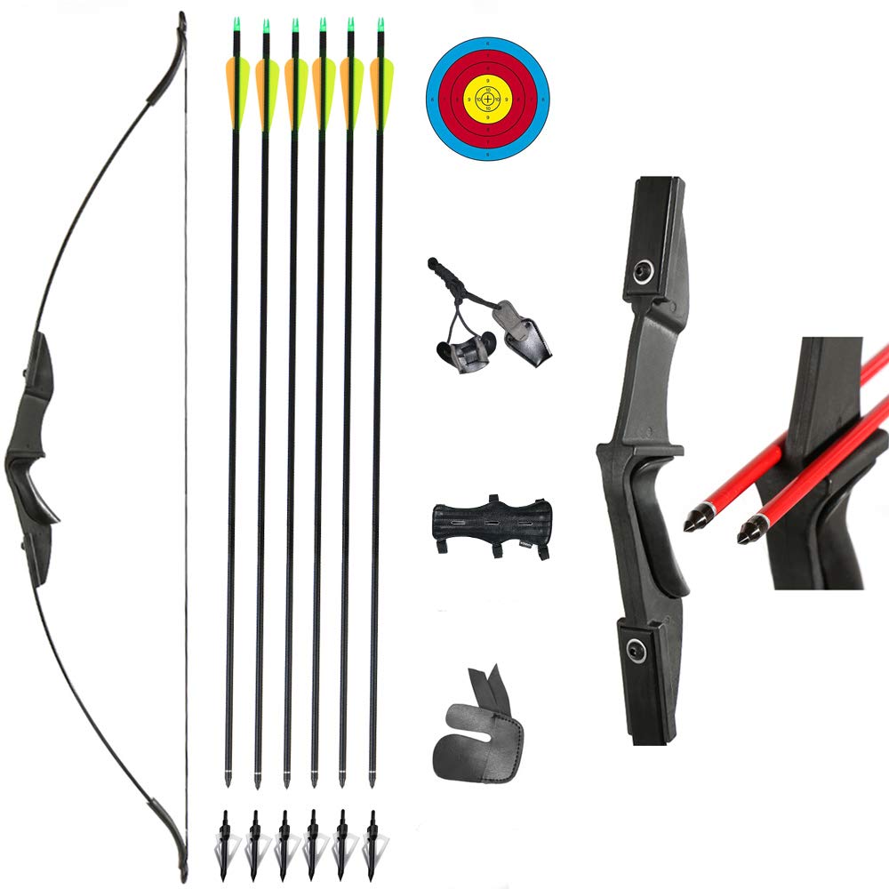 TOPARCHERY Archery 57" Takedown Youth Recurve Bow and Arrow Set Long Bow Kit with 6pcs Fiberglass Arrows for Beginner Teenagers Right Left Hand Black - Draw Weight 20lbs- 40lbs (40)