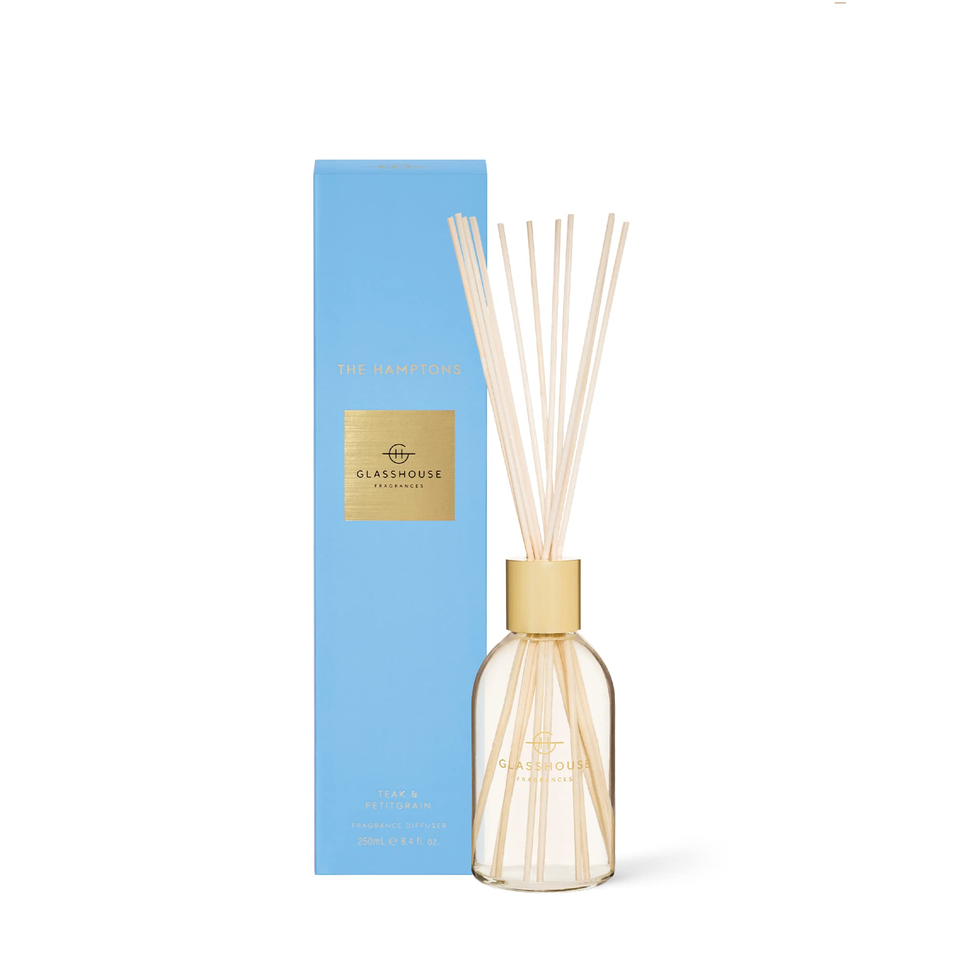 Glasshouse Fragrances The Hamptons Reed Diffuser, Home Fragrance & Perfume Scented Room Decor, Natural & Oil Free, Teak & Petitgrain, 8.5 Oz (250mL)