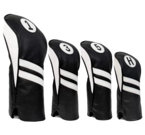 proactive sports | vintage golf club head covers | for drivers, fairway woods, and hybrids | classy headcovers that fit most clubs | classic leather look | 4-pack combo 1, 3, 5, h | black/white