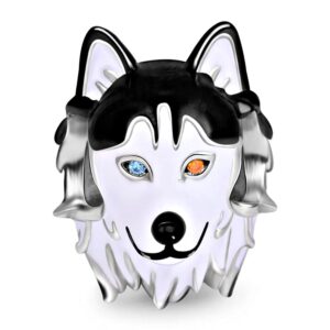 gnoce husky dog charm bead sterling silver for bracelet heterochromia husky charm bead black plated fit necklace pets charm for women (1-husky dog)