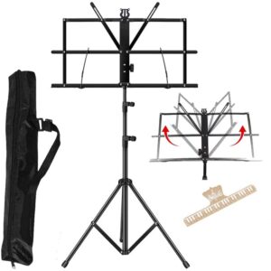 ENNBOM 2-in- 1 Music Stand Portable Folding Sheet Music Stand Adjustable Music Sheet Clip Professional Music Sheet Holder with Carry Bag (Pack of 1)