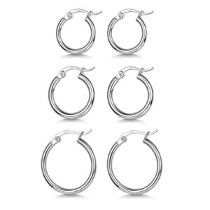 3 pairs 925 sterling silver hoop earrings | small white gold plated hoop earrings for women (13mm, 15mm, 20mm)