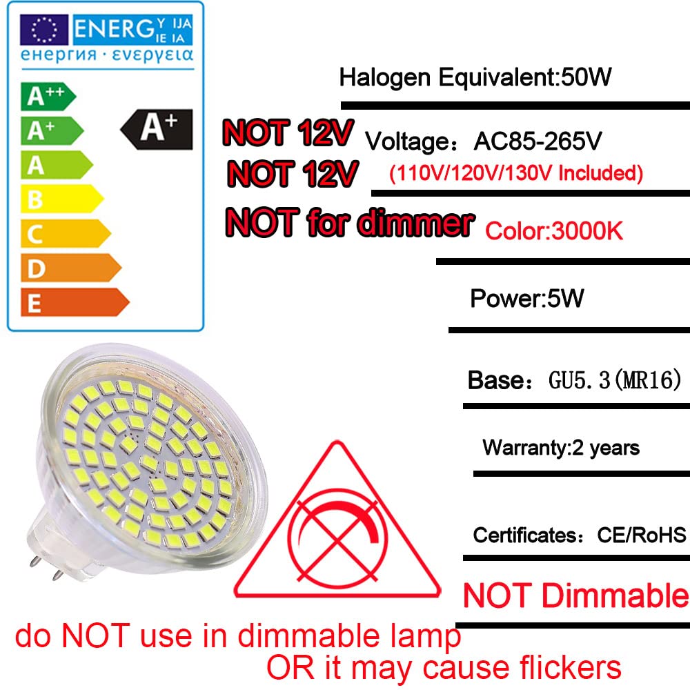 ukzboss MR16 120V 5W led spot Light Bulb GU5.3 Base 110V 130V led Light lamp Bulb 2800-3000K Warm White Soft White Equivalent to 50W Halogen Bulb for Landscape Flood Track Lighting (Warm White 6PCS)