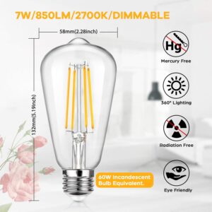 Lakumu 12-Pack Dimmable Vintage LED Edison Bulbs Equivalent 60W Incandescent, 7W Warm White 2700K ST58 Antique LED Filament Bulbs with E26 Medium Base, Super Brightness 850LM, Clear Glass