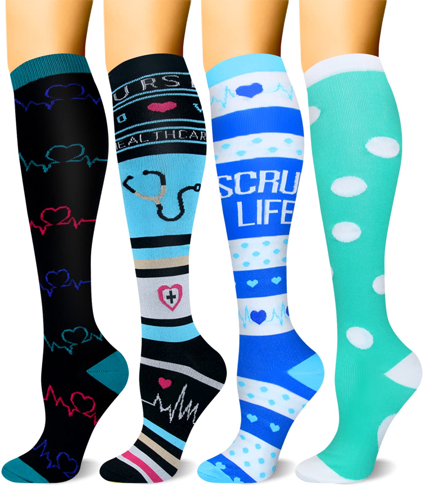 HLTPRO 4 Pairs Compression Socks for Women & Men - Best Support for Medical, Circulation, Nurses, Running, Travel