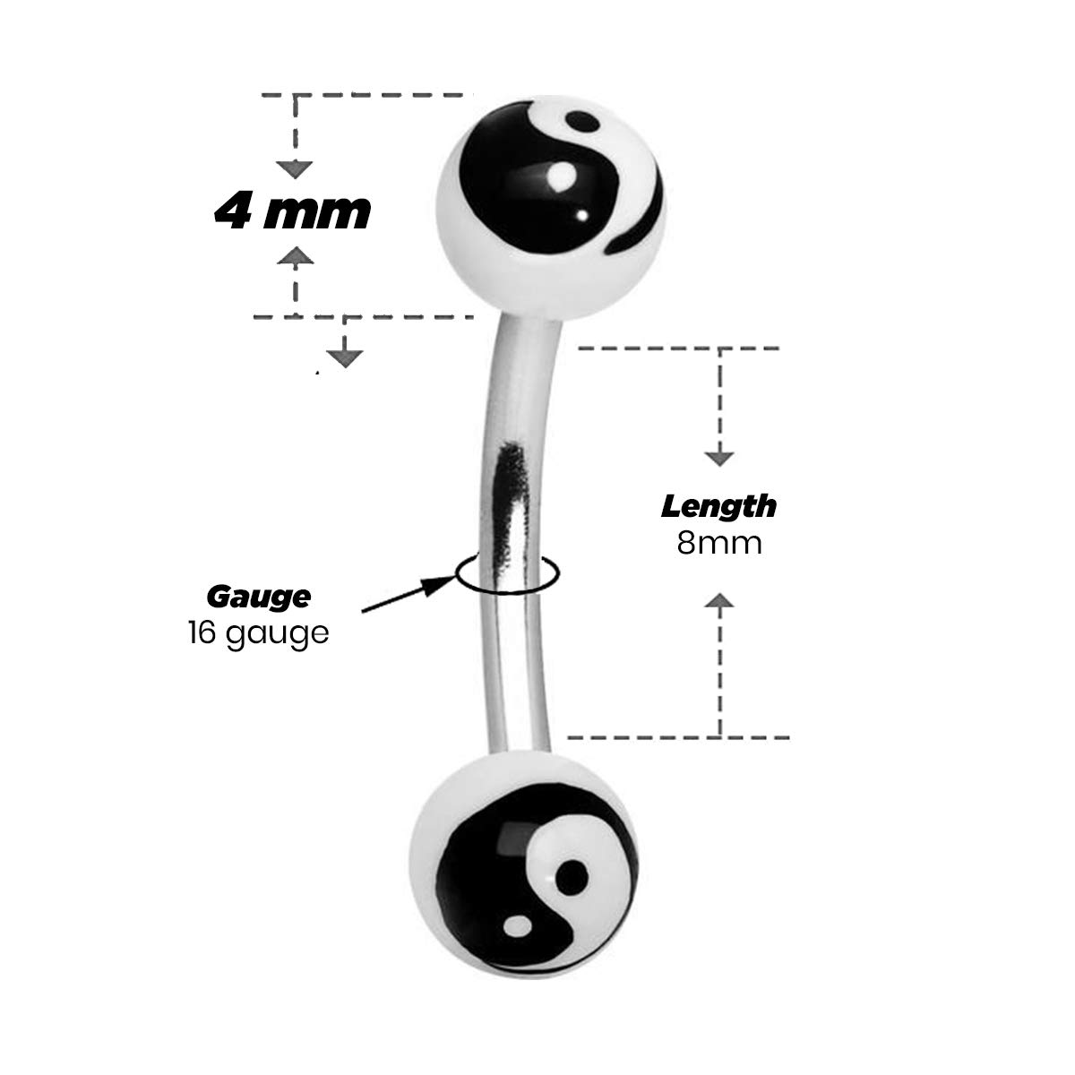 Luxe Modz Eyebrow Ring Black and White Yin Yang 16 gauge 8mm