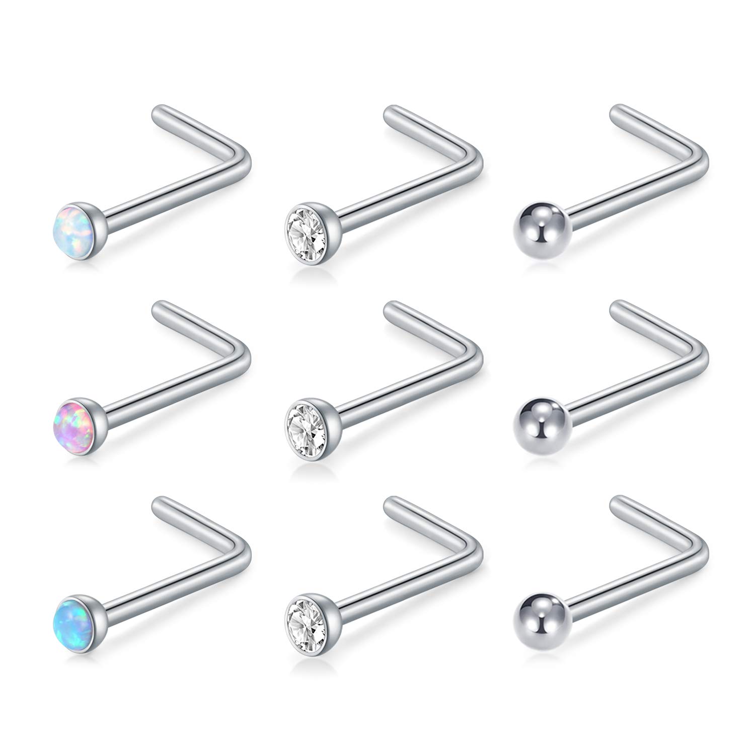 Anicina 18G Stainless Steel L Shaped Nose Rings Studs 2mm Mix Color Opal & CZ & Ball L Nose Stud Ring Nose Nostril Piercing Jewelry for Womens Mens