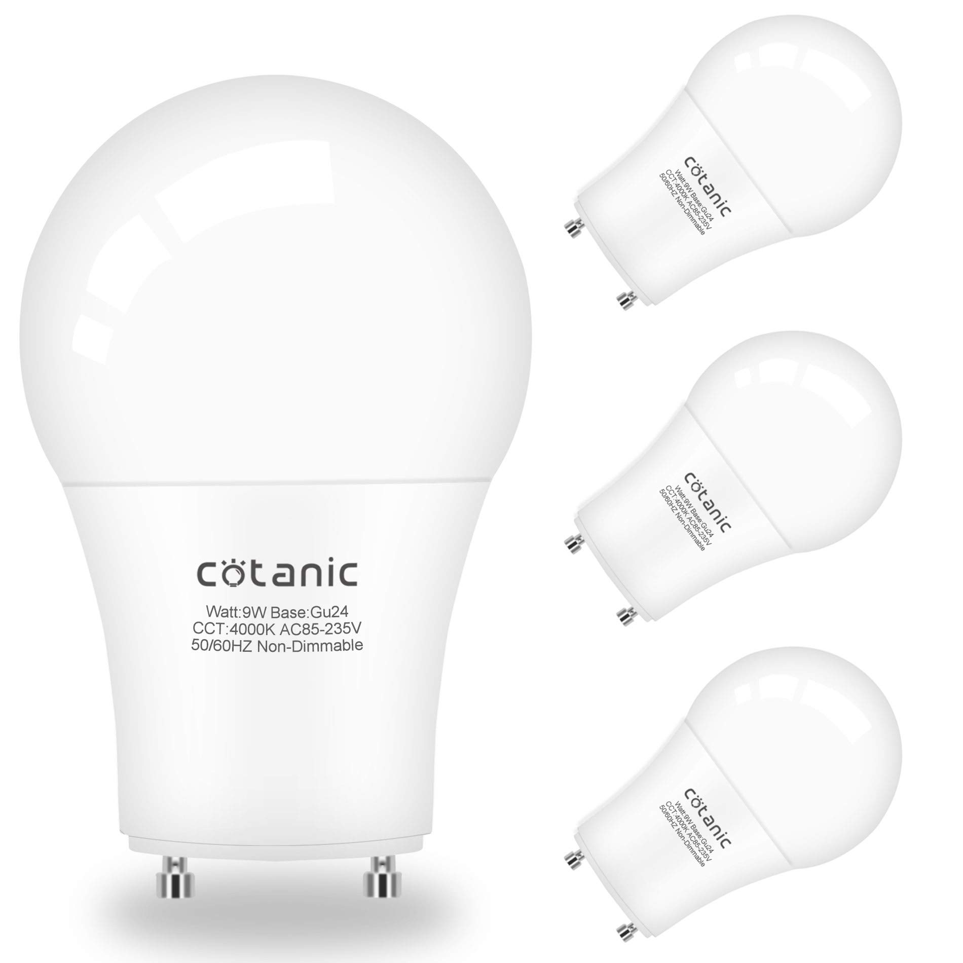 Cotanic GU24 Light Bulb 4000K Daylight A19 LED Bulb for Ceiling Fan, 2 Prong Light Bulbs with GU24 Twist-in Lock Base 9W 60W CFL Replacement,900LM,Non-dimmable,4 Pack