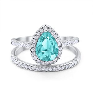 Blue Apple Co. Simulated Paraiba Tourmaline CZ Size-5 Teardrop Pear Bridal Set Wedding Engagement Ring Band Round Simulated Cubic Zirconia 925 Sterling Silver