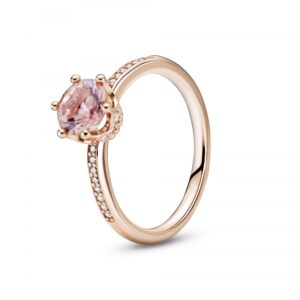 pandora pink sparkling crown solitaire ring - rose gold ring for women - sparkling jewelry for women - 14k rose gold-plated rose with cubic zirconia - size 7