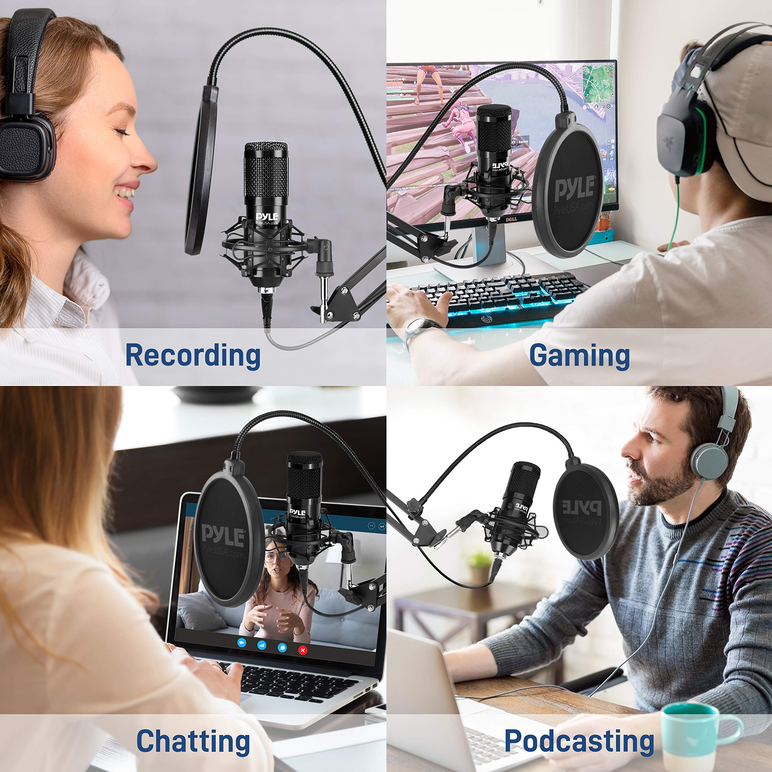 Pyle USB Microphone Boom Mic Kit - Audio Cardioid Condenser Mic w/Boom Arm Stand and Pop Filter - for Gaming PS4, Streaming, Podcast Kit, Studio, YouTube, Works w/Windows Mac PC PDMIKT140, Black