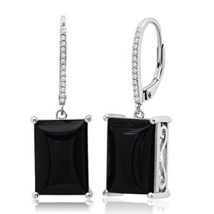 max + stone emerald cut black onyx dangle earrings for women in 925 sterling silver with leverback and white topaz halo accents 14mm decemebr birthstone