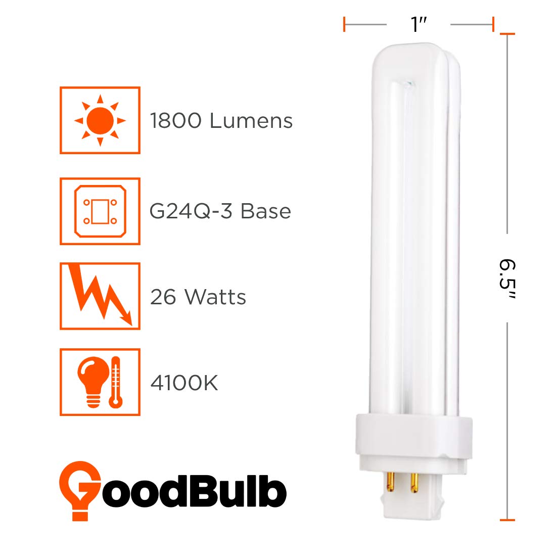 GoodBulb 26 Watt CFL Light Bulbs | 4 Pin G24Q-3 Base 4100K Cool White | 26W High Output 1800 Lumens | Double Tube Compact Fluorescent Light Bulbs Plug-in | 10 Pack