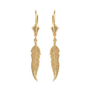 certified 10k yellow gold native american feather leaf dangle earrings