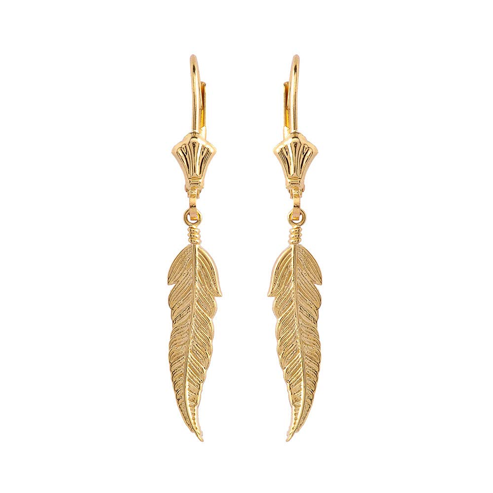 Certified 10k Yellow Gold Native American Feather Leaf Dangle Earrings