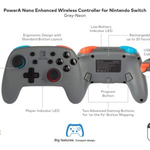 PowerA Nano Enhanced Wireless Controller for Nintendo Switch - Grey-Neon, Works with Nintendo Switch Lite, Bluetooth Controller, Gamepad, Compact, Smaller, Rechargeable, Portable - Nintendo Switch