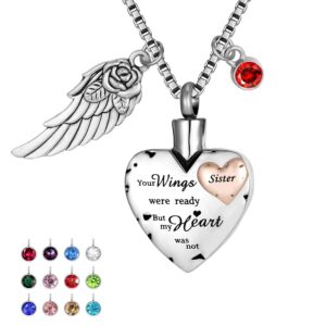 Cremation Urn Necklace Comes With Angel Wing And 12 Birthstones Ashes Jewelry Heart Memorial Pendant (Sister)