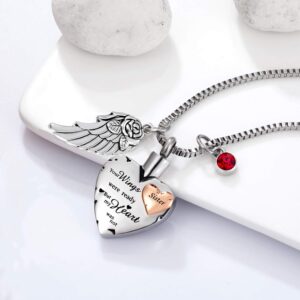 Cremation Urn Necklace Comes With Angel Wing And 12 Birthstones Ashes Jewelry Heart Memorial Pendant (Sister)