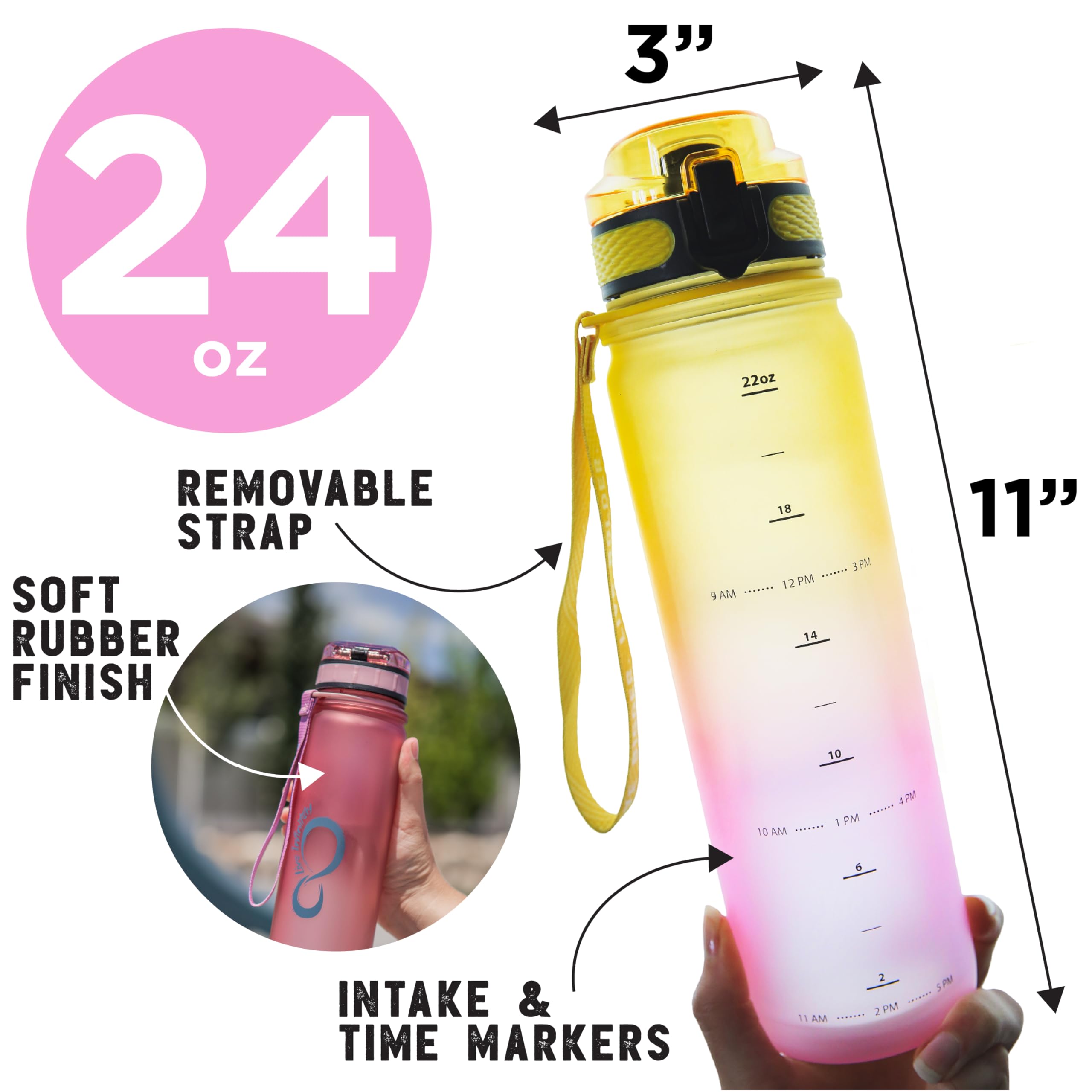 Live Infinitely 24 oz Water Bottle with Time Marker - Insulated Measured Water Tracker Screen - BPA Free Gym Water Bottle - Locking Flip Top Lid, Rubberized (Sunset, 24oz)