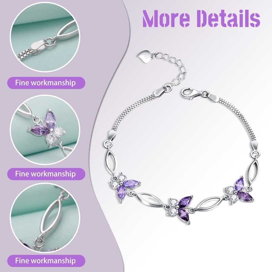 Nieboa S925 Sterling Silver Purple Butterfly Bracelets for Women,Anniversary Jewelry Gift for Women Mother Wife friend(Purple)