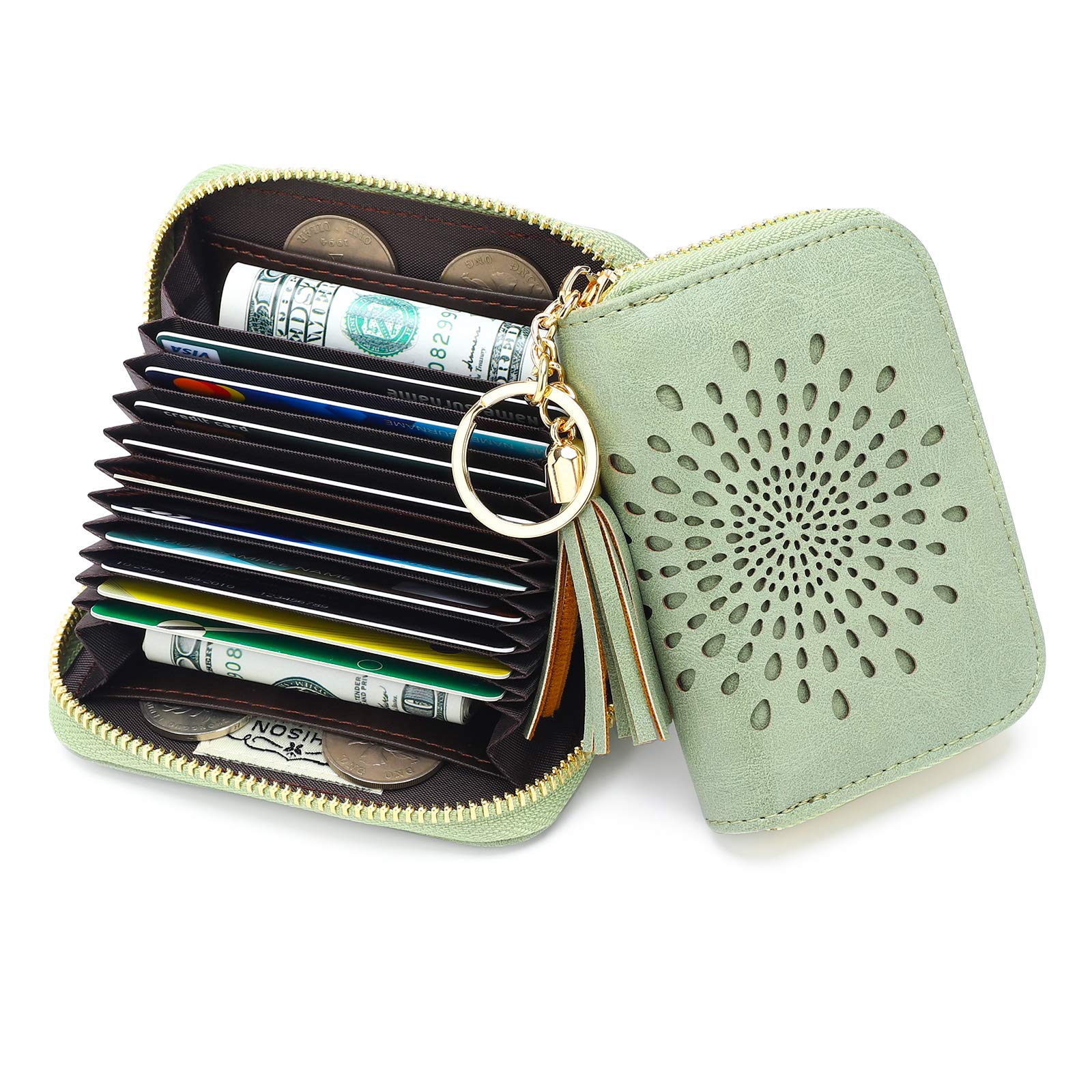 APHISON RFID Credit Card Holder Zipper Card Case Keychain Small Wallet for Women 1927 GREEN