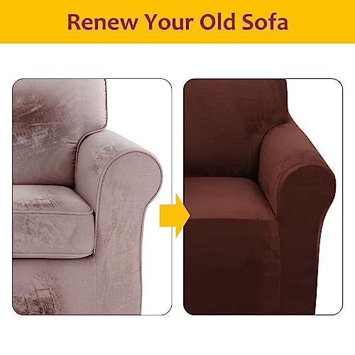 U-NICE HOME Velvet Sofa Covers Stretch Couch Covers for 3 Cushion Couch Furniture Protector Sofa Slipcover (Large, Chocolate)