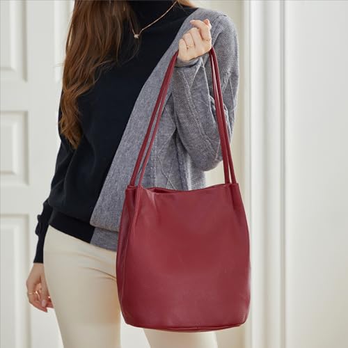 Iswee Soft Leather Tote Red Leather Handbags for Women Shoulder Bag Extra Large Purses Ladies Bag Hobo Handbags Satchel (Wine Lichee)