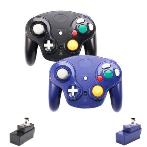 VTone Wireless Gamecube Controller, 2 Pieces 2.4G Wireless Classic Gamepad with Receiver Adapter for Wii Gamecube NGC GC (Black and Dark Blue)