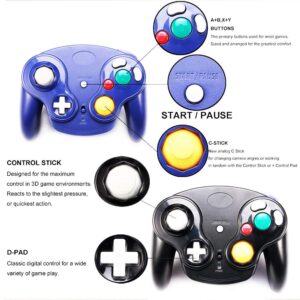 VTone Wireless Gamecube Controller, 2 Pieces 2.4G Wireless Classic Gamepad with Receiver Adapter for Wii Gamecube NGC GC (Black and Dark Blue)