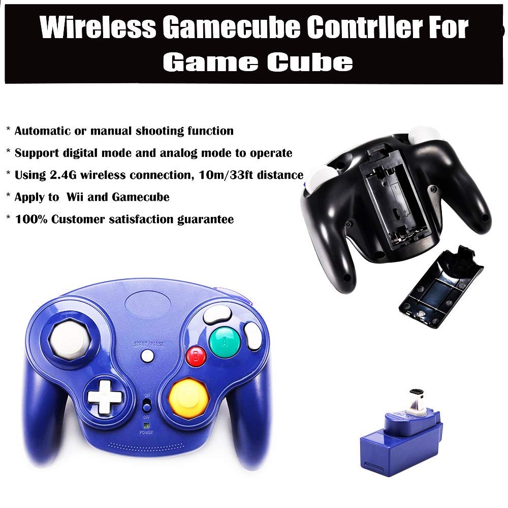 VTone Wireless Gamecube Controller, 2 Pieces 2.4G Wireless Classic Gamepad with Receiver Adapter for Wii Gamecube NGC GC (Black and Dark Blue)