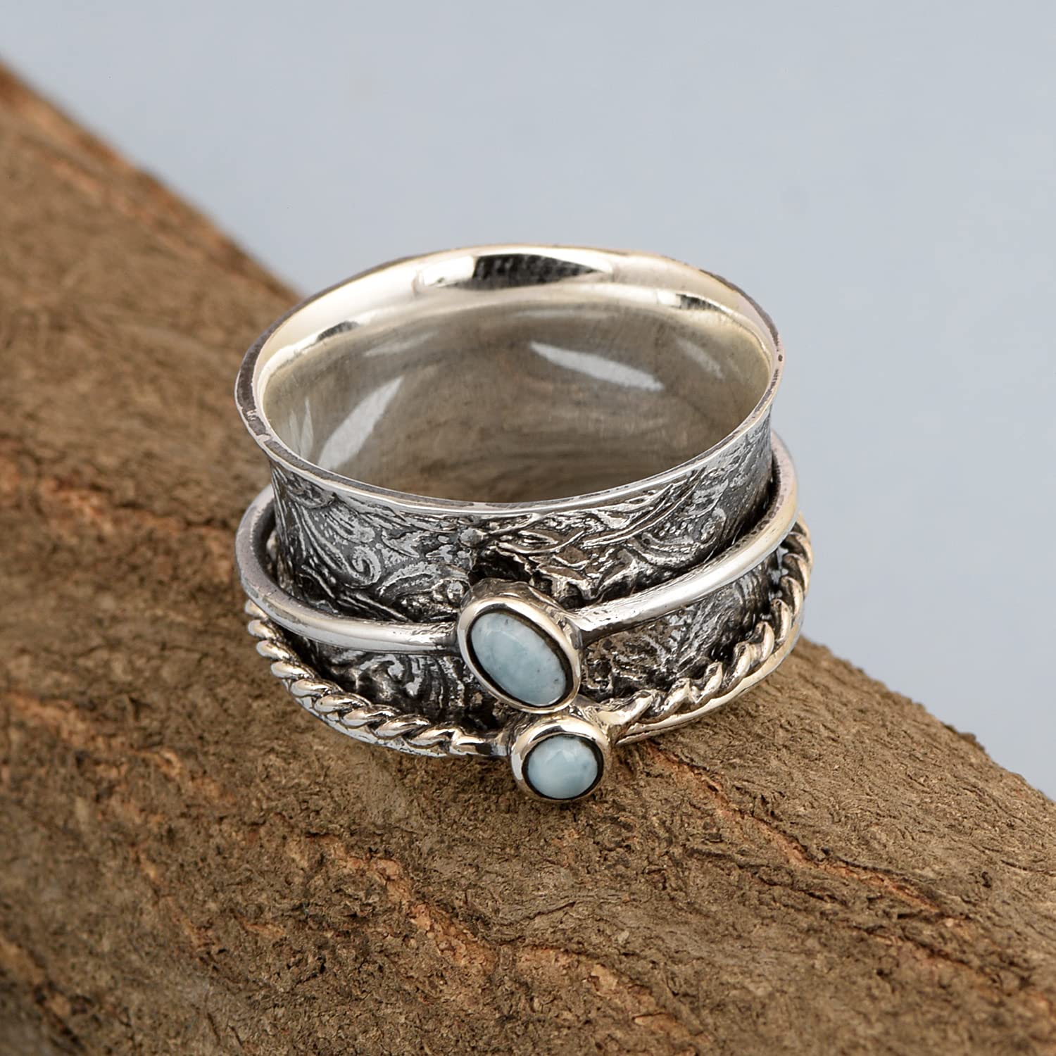 Spinner Ring !! 925 Sterling Silver Larimar Gemstone Meditation Ring, Anxiety Ring, Fidget Ring, Anti Stress Ring, Worry Band (11) (12) (8)