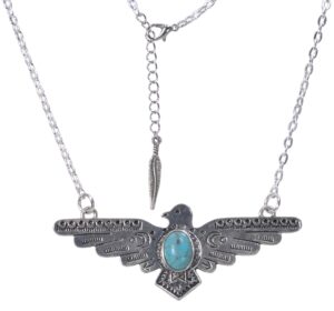 vicibeads necklace, big and bold 3"+ southwestern thunderbird with turquoise magnesite antique silver colored (not tarnished) pendant with chain 23"+gift bag