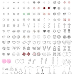 Thunaraz 90Pairs Assorted Multiple Small Stud Earrings Sets for Women Multipack Simple Cute Bar Star Moon Triangle Geometric Arrow Flower Bow CZ Ball Faux Pearl Earrings Set