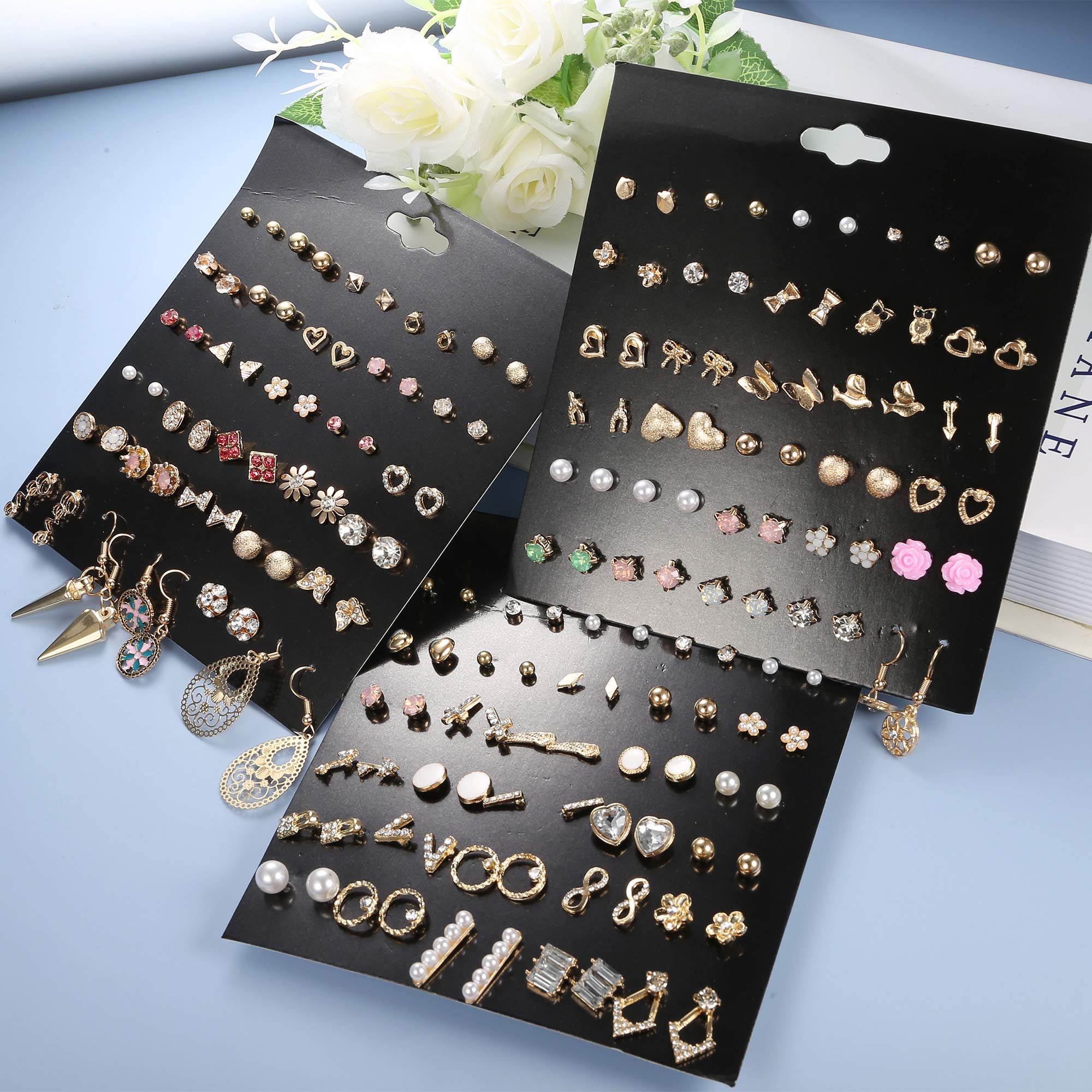 Thunaraz 90Pairs Assorted Multiple Small Stud Earrings Sets for Women Multipack Simple Cute Bar Star Moon Triangle Geometric Arrow Flower Bow CZ Ball Faux Pearl Earrings Set