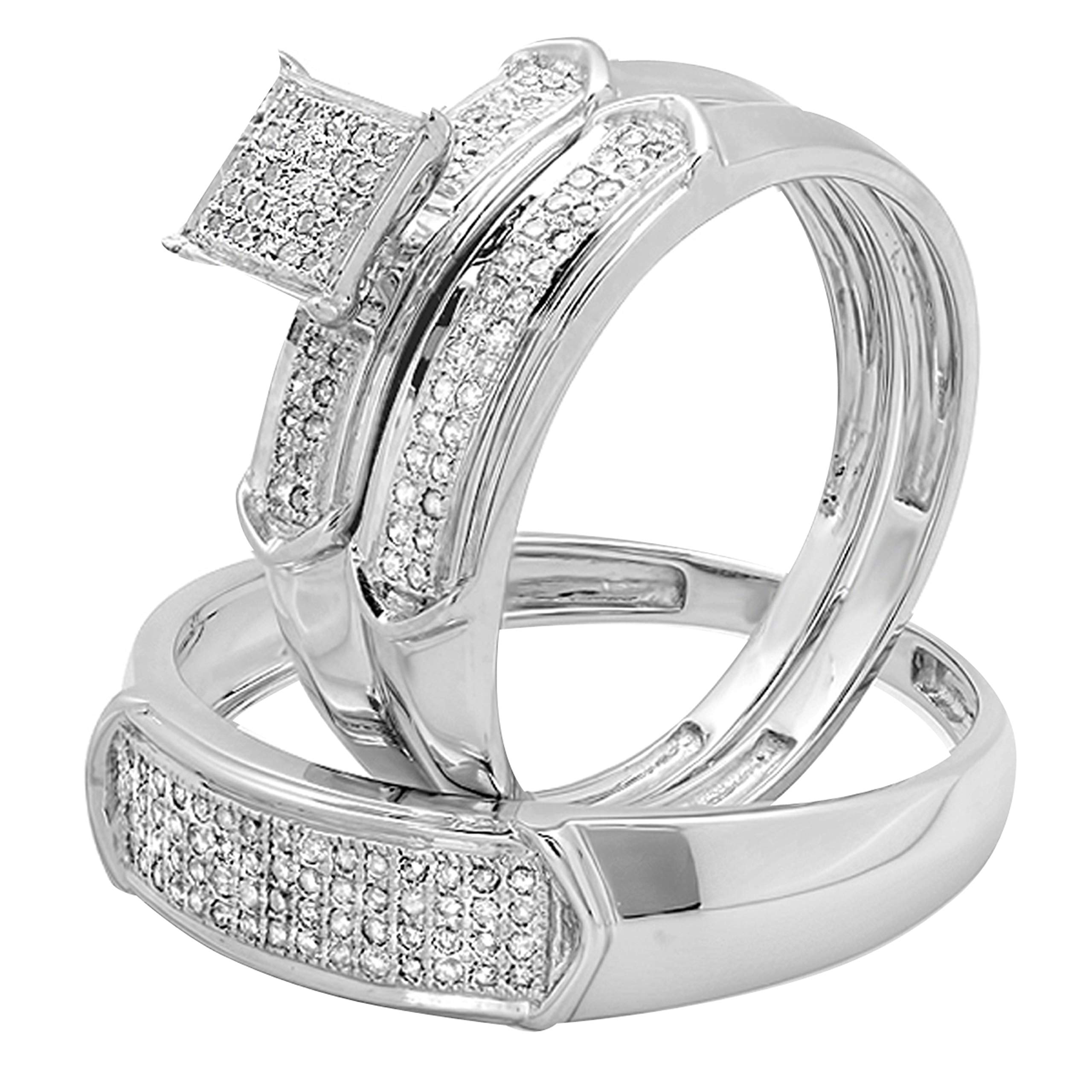 Dazzlingrock Collection 0.30 Carat (ctw) Round White Diamond Mens & Womens Trio Bridal Wedding Ring Set 1/3 CT, Sterling Silver