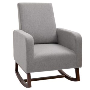 homcom accent lounge rocking chair with solid curved wood base and linen padded seat, grey