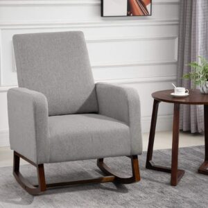 HOMCOM Accent Lounge Rocking Chair with Solid Curved Wood Base and Linen Padded Seat, Grey