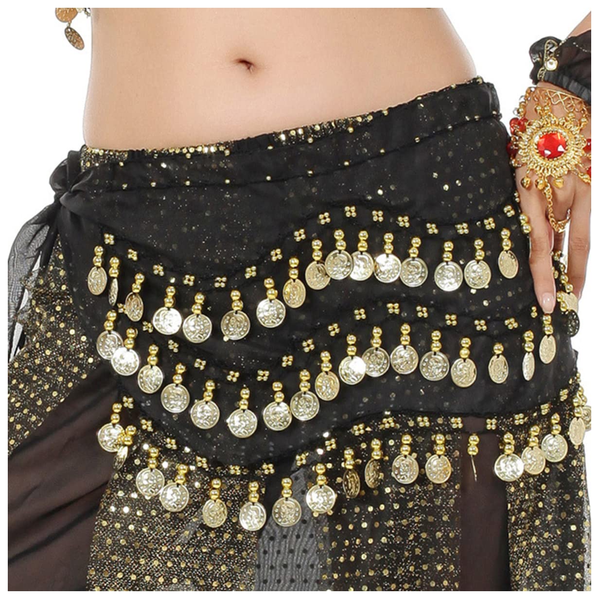 Lauthen.S 128 Coins Belly Dance Hip Scarf Tribal Belt Halloween Genie Costume Accessory Black