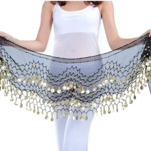 Lauthen.S 128 Coins Belly Dance Hip Scarf Tribal Belt Halloween Genie Costume Accessory Black