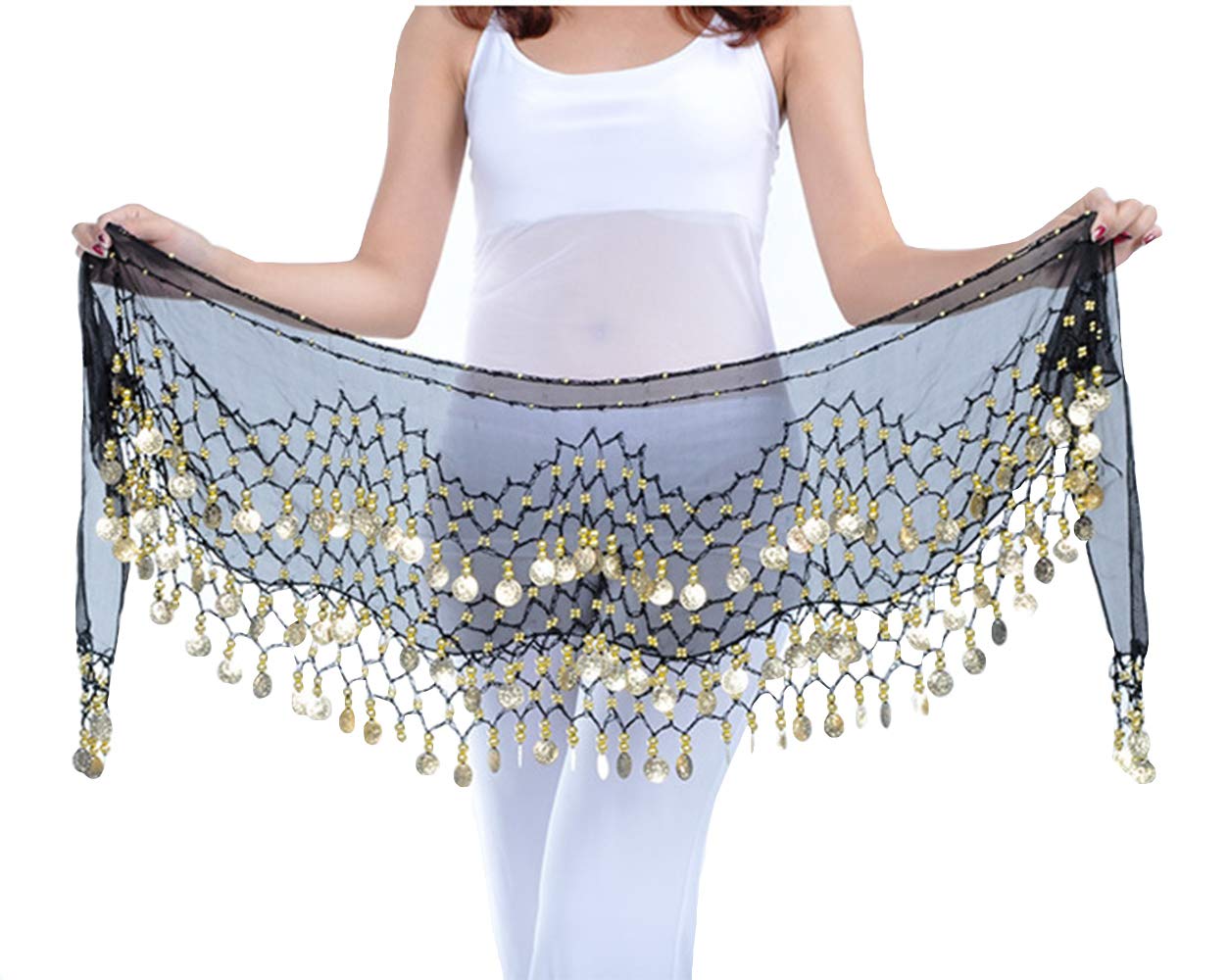 Lauthen.S 128 Coins Belly Dance Hip Scarf Tribal Belt Halloween Genie Costume Accessory Black