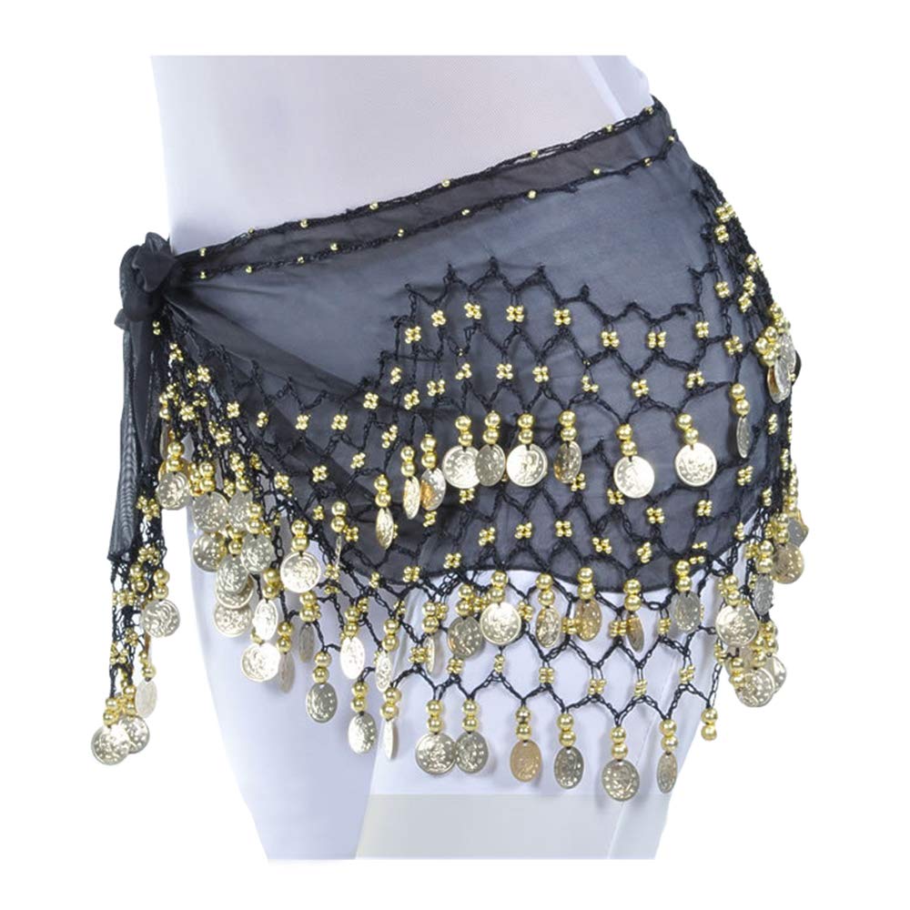 Lauthen.S 128 Coins Belly Dance Hip Scarf Tribal Belt Halloween Genie Costume Accessory Black