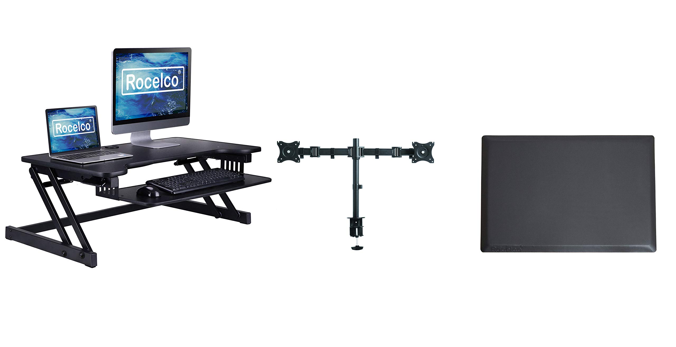 Rocelco 37.5" Deluxe Height Adjustable Standing Desk Converter with Dual Monitor Mount and Anti Fatigue Mat Bundle | Sit Stand Up Computer Workstation Riser | Keyboard Tray | Black (R DADRB-DM2-MAF)