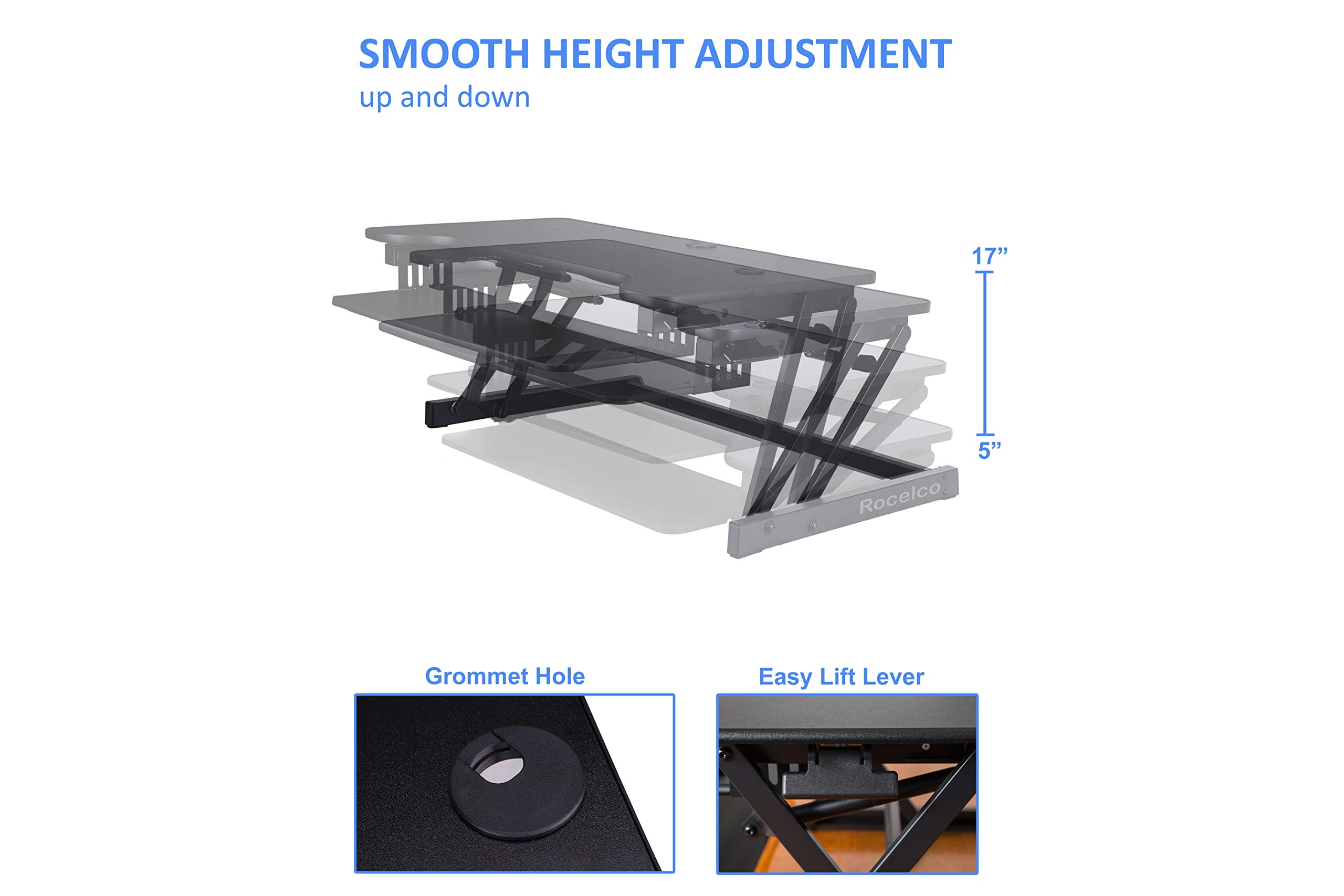 Rocelco 37.5" Deluxe Height Adjustable Standing Desk Converter with Dual Monitor Mount and Anti Fatigue Mat Bundle | Sit Stand Up Computer Workstation Riser | Keyboard Tray | Black (R DADRB-DM2-MAF)