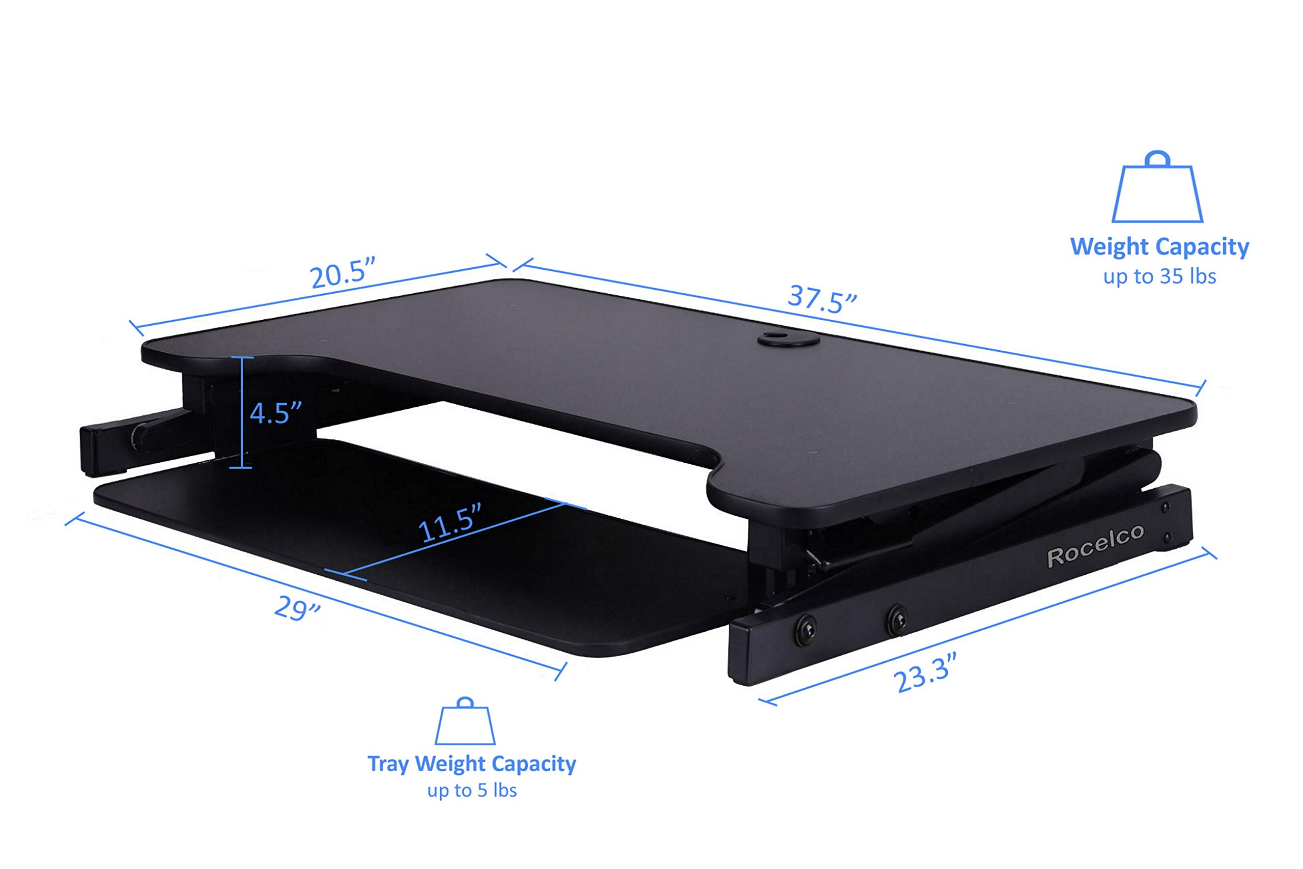 Rocelco 37.5" Deluxe Height Adjustable Standing Desk Converter with Dual Monitor Mount and Anti Fatigue Mat Bundle | Sit Stand Up Computer Workstation Riser | Keyboard Tray | Black (R DADRB-DM2-MAF)