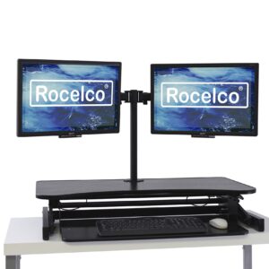 Rocelco 37.5" Deluxe Height Adjustable Standing Desk Converter with Dual Monitor Mount and Anti Fatigue Mat Bundle | Sit Stand Up Computer Workstation Riser | Keyboard Tray | Black (R DADRB-DM2-MAF)