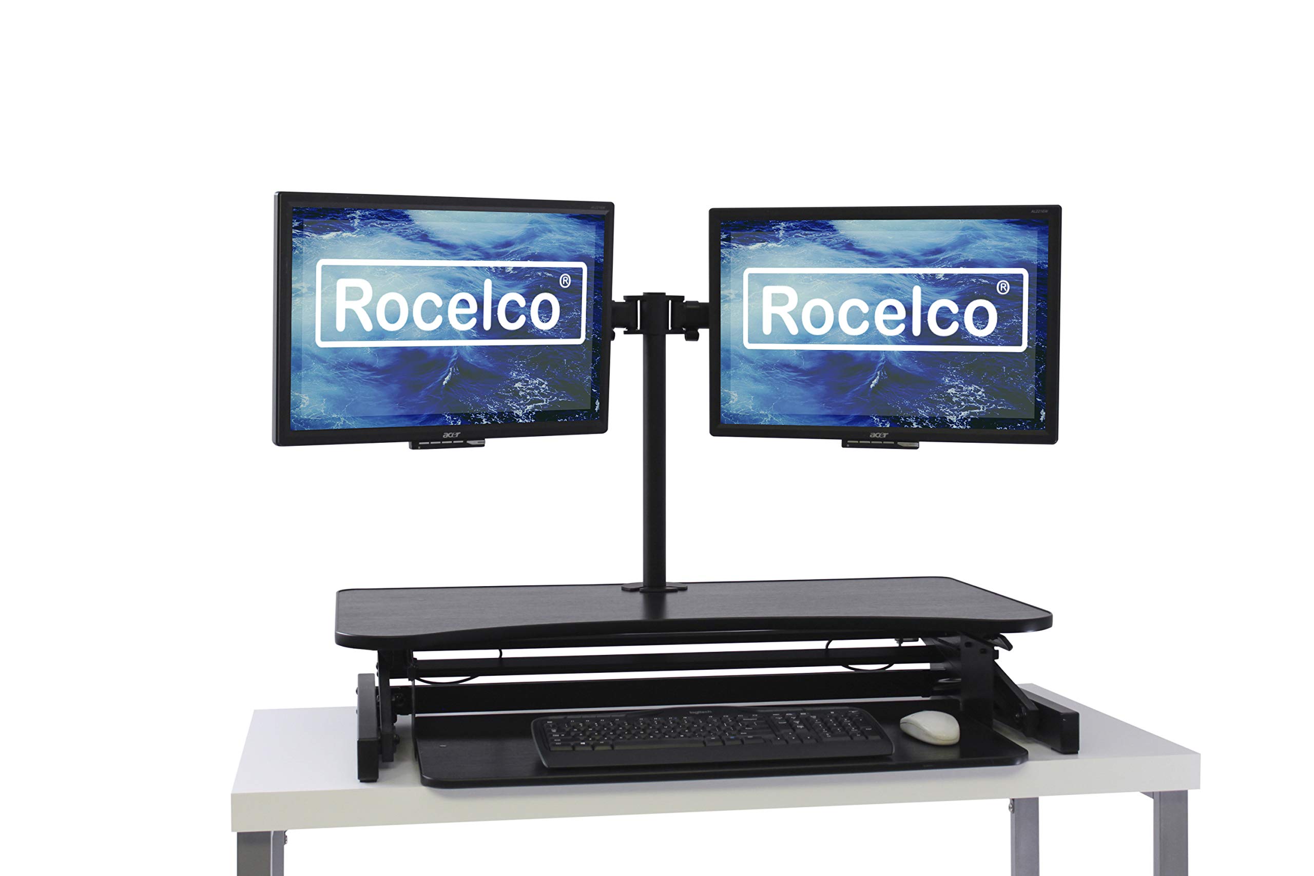 Rocelco 37.5" Deluxe Height Adjustable Standing Desk Converter with Dual Monitor Mount and Anti Fatigue Mat Bundle | Sit Stand Up Computer Workstation Riser | Keyboard Tray | Black (R DADRB-DM2-MAF)