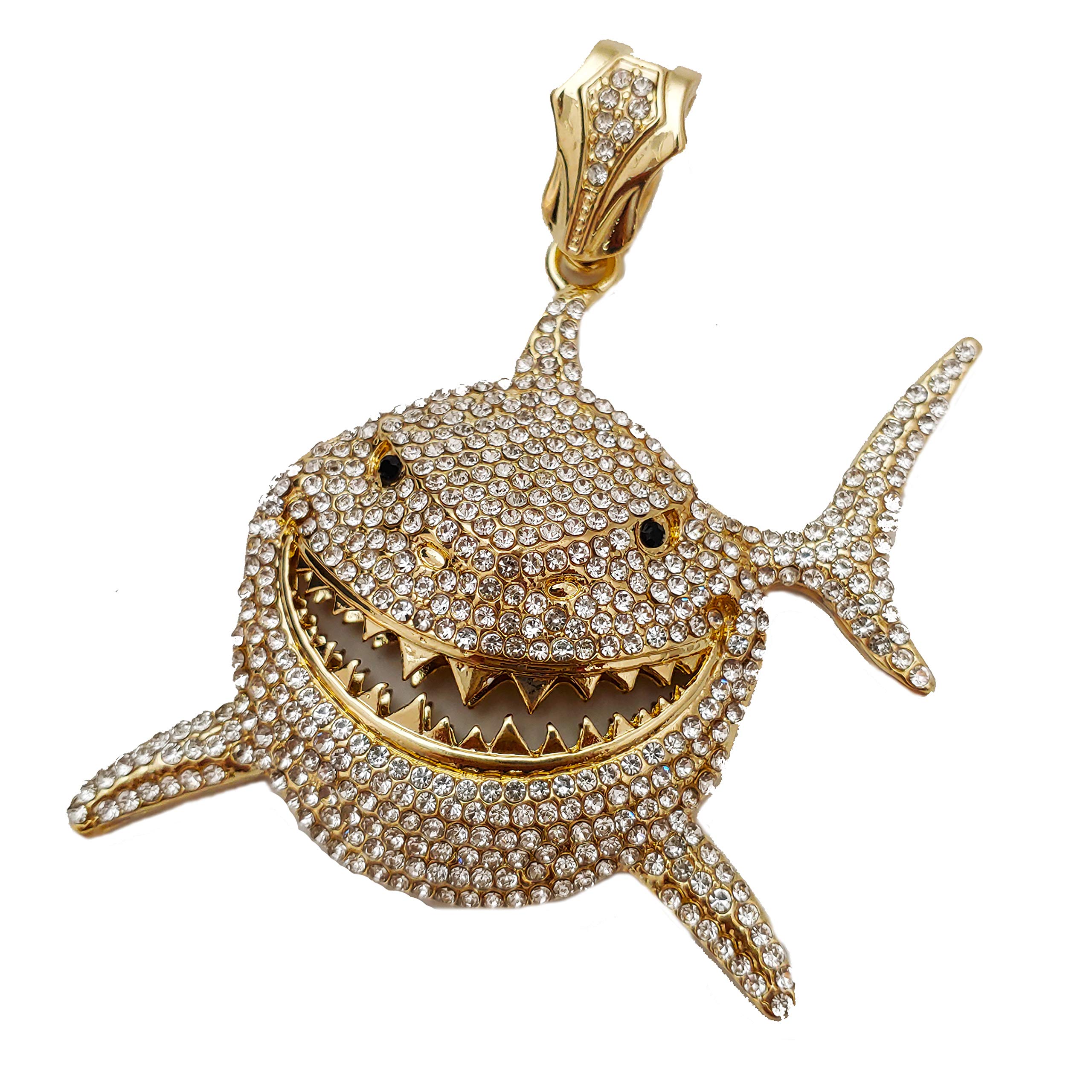 BLINGFACTORY Iced Hip Hop Style Large Shark Bling Lab Diamond Charm Pendant (GOLD)