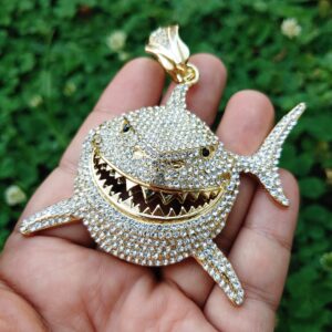 BLINGFACTORY Iced Hip Hop Style Large Shark Bling Lab Diamond Charm Pendant (GOLD)