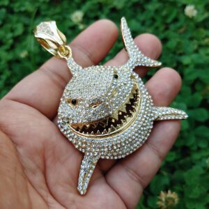 BLINGFACTORY Iced Hip Hop Style Large Shark Bling Lab Diamond Charm Pendant (GOLD)